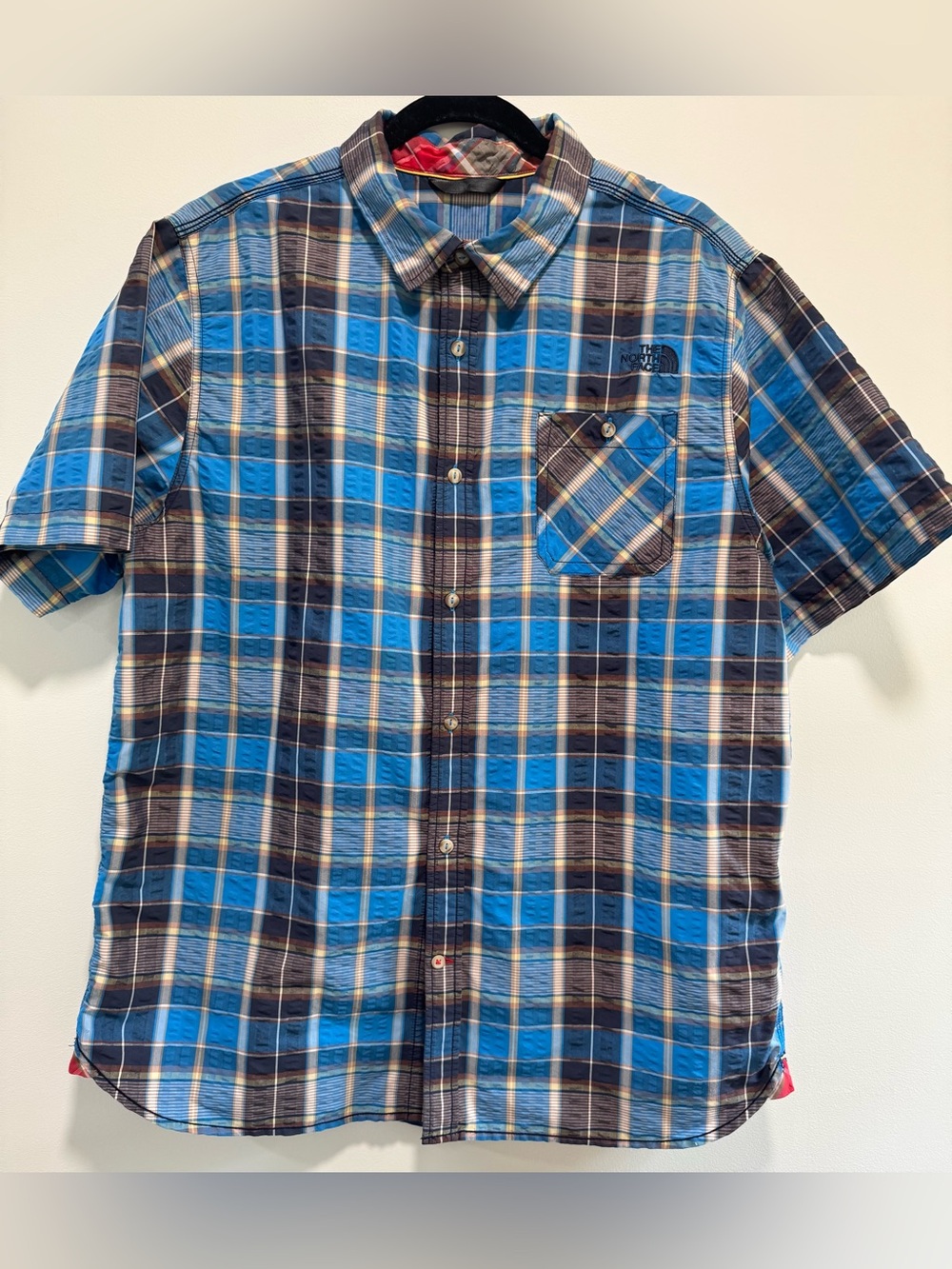 The North Face Plaid Button Up Shirt Mens XL Blue Short Sleeve Outdoor